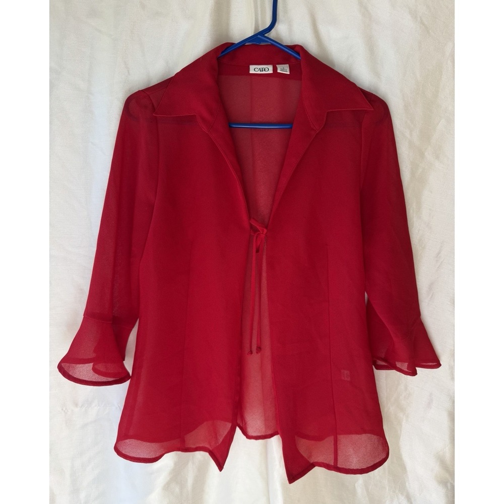 Cato Womens Red Sheer Tie Front Blouse Top Bell‎ Sleeve Small